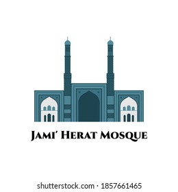 The Great Mosque of Herat or Jami Masjid of Herat. It is elegant and gorgeous architecture in Afghanistan. Great destination for tourist visit. Vector flat cartoon illustration