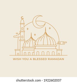 Great mosque landscape monoline modern hand drawing style vector illustration for ramadan eid template
