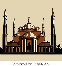 Great mosque landscape monoline modern hand drawing style vector illustration for ramadan eid template