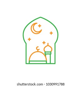 Great mosque at the night time. Simple monoline icon style for muslim ramadan and eid al fitr celebration.