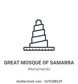 Great mosque of samarra outline vector icon. Thin line black great mosque of samarra icon, flat vector simple element illustration from editable monuments concept isolated stroke on white background