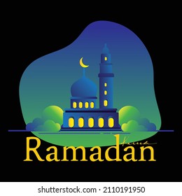 Great Mosque vector. Islam, Muslim, Prayer. flat design illustration.stars and moon in ramdan night. Muslim special day. ramadan kareem greeting card.