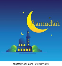 Gran vector de mezquita. Islam, musulmán, oración. ilustración de diseño plano.estrellas y luna en la noche de ramdan. Día especial musulmán. tarjeta de felicitación ramadan kareem.