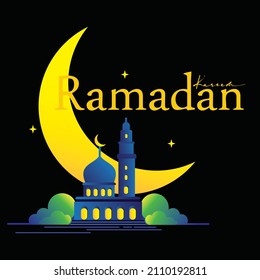 Great Mosque vector. Islam, Muslim, Prayer. flat design illustration.stars and moon in ramadan night. Muslim special day. ramadan kareem greeting card.
