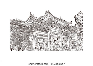 The Great Mosque of Xi'an is the largest mosque in China. Hand drawn sketch illustration in vector.