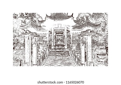 The Great Mosque of Xi'an is the largest mosque in China. Hand drawn sketch illustration in vector.