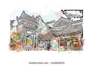 The Great Mosque of Xi'an is the largest mosque in China. Watercolor splash with Hand drawn sketch illustration in vector.