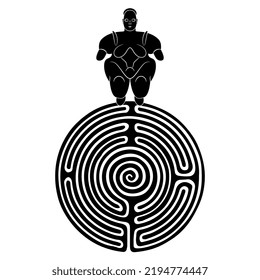 Great mother figurine on top of a round spiral maze or labyrinth symbol. Creative concept. Neolithic fertility goddess from Çatalhöyük, Turkey. Black and white silhouette.