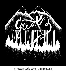 Great mountain. Hand drawn logo. Stock vector.