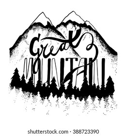 Great mountain. Hand drawn logo. Stock vector.