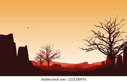 The Great Mountain View From The Cliff Edge With The Silhouettes Of The Trees Around