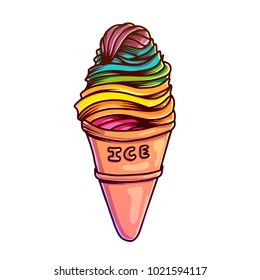 great mouth-watering puffy soft rainbow-colored ice cream in a crispy waffle cup. Vector cartoon illustration for stickers, pins and print
