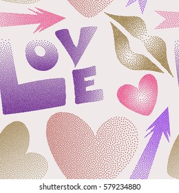 Great multicolored print for poster, cards, textile, printing or fabric. Vector seamless pattern with hand drawn word love, cupid's arrow, lipstick kisses and heart in pink, violet and purple colors.