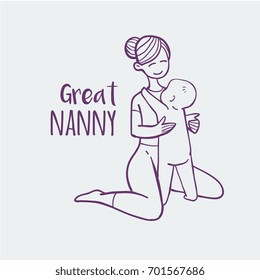 Great Nanny Logo, Teenager Girl With Baby, Coloring Hand Drawn Line Vector Illustration.