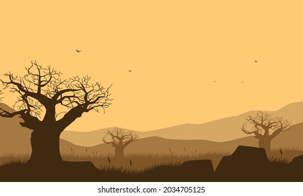 Great natural view from the outskirts of the city at sunset. Vector illustration of a city