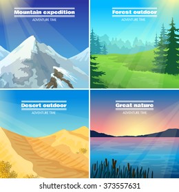 Great nature camping 4 flat pictograms collection with forest desert and mountains expeditions abstract isolated vector illustration