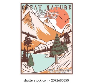 Great nature vector print design. Mountain lake artwork  for apparel, sticker, batch, background, poster and others.