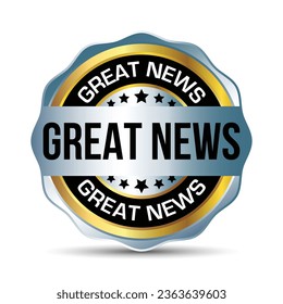 Great News Badge, Rubber Stamp, Banner, Tag, Emblem, Good News Label, Exciting News Banner In Flat Style With Glossy And Shiny Reflection On White Background, Design Element Vector Illustration
