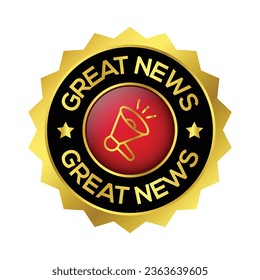 Great News Badge, Rubber Stamp, Banner, Tag, Emblem, Good News Label, Exciting News Banner In Flat Style With Glossy And Shiny Reflection On White Background, Design Element Vector Illustration