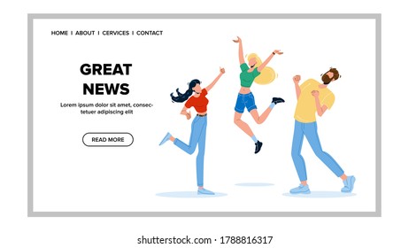 Great News Got People Student Man And Woman Vector. Happy Boy And Girl Jumping And Dancing Get Great News. Cheerfully Characters Celebrate End Of Educational Year Web Flat Cartoon Illustration