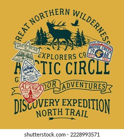 Great northern wilderness outdoor explorer trail grunge vector print for boy t shirt with vintage embroidery patches applique