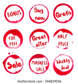 Great offer collection of round watercolor stains with bonus, buy now, gratis, for free, great offer, half price, madness, weekly deal, sale text. Set of vector Great offer stamps.