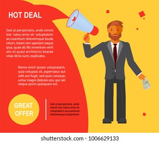 Great offer voucher in flat design. Businessman makes announcement of the Hot Deal at the speaker. Vector illustration eps 10