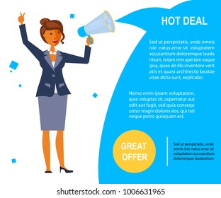 Great offer voucher in flat design. Businesswoman makes announcement of the Hot Deal at the speaker. Vector illustration eps 10