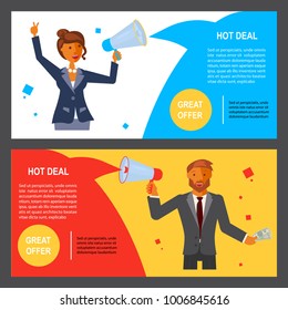 Great offer voucher in flat design. Businessman and businesswoman make announcement of the Hot Deal at the speaker. Vector illustration eps 10