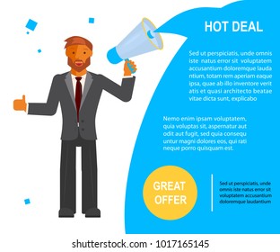 Great offer voucher in flat design. Businessman makes announcement of the Hot Deal at the speaker. Vector illustration eps 10