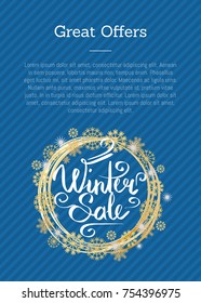 Great offers winter sale poster with text, in decorative frame made of golden snowflakes, snowballs of gold in x-mas border on checkered blue vector