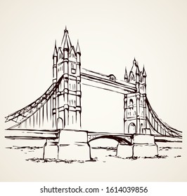 Great old suspension bridgework place isolated on white background. Freehand linear black ink hand drawn picture logo sketchy in art retro doodle graphic style pen on paper with space for text on sky