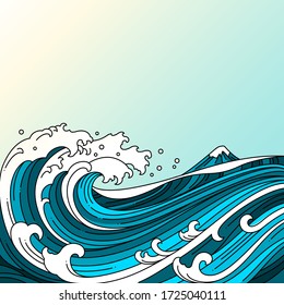 Great oriental water ocean vector illustration.Japan wave.Colored line.