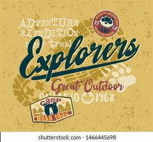 Great outdoor adventure expedition explorers team  vector print for children wear with applique patches 