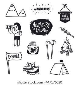 Great outdoor adventures doodles, black outline travel theme cartoon illustrations, vector set, isolated on white background