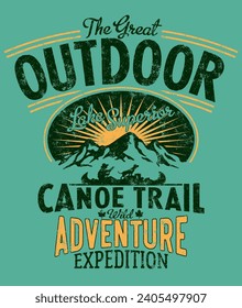 Great outdoor canoe trail wild adventure vector artwork for children kid shirt sweatshirt grunge effect in separate layer