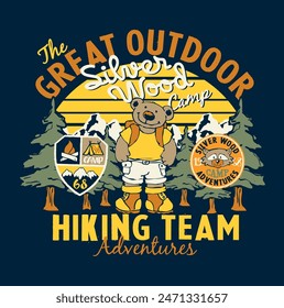 The great outdoor cute cartoon bear hiking team vector print for children kid wear t shirt with vintage embroidery patches applique