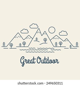 Great Outdoor. Flat line landscape. Linear style vector illustration.