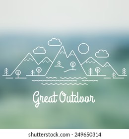 Great Outdoor. Flat line landscape. Linear style vector illustration.