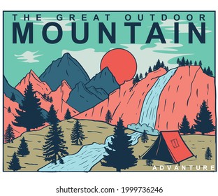 The great outdoor at the mountain. Camping beside the lake. Exploring vector artwork. Hiking print design for apparel and others. 