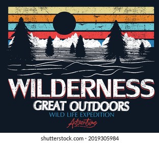 Great outdoor with mountain graphic print design. Summer camp vector artwork. Wild adventure print for apparel and others.  