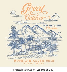 Great outdoor, Mountain lake graphic artwork, Outdoor vintage graphic print design, Mountain with tree vintage print design. Mountain forest club.Outdoor at the mountain retro print design for t shirt