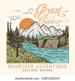 Great outdoor, Mountain lake graphic artwork, Outdoor vintage graphic print design, Mountain with tree vintage print design. Mountain forest club.Outdoor at the mountain retro print design for t shirt