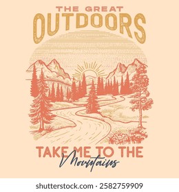 Great outdoor, Mountain lake graphic artwork, Outdoor vintage graphic print design, Mountain with tree vintage print design. Mountain forest club.Outdoor at the mountain retro print design for t shirt