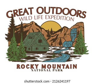 Great outdoor at the mountain vector design for t shirt, poster, sticker and others. Waterfall with lake artwork . Wild life vintage illustration print design.