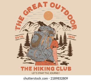 The great outdoor. Take a hike vector print design. Wild lake artwork for posters, stickers, background and others. Outdoor vibes illustration. Mountain adventure. 