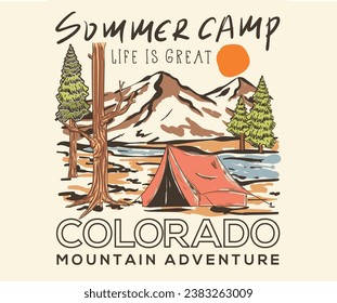 The great outdoor. Take a hike vector print design. Wild lake artwork for posters, stickers, background and others. Outdoor vibes illustration. Mountain adventure. Summer camp. Colorado national park.