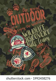 Great outdoor wildlife discovery kids team  vintage vector print for children wear with applique patches and camouflage pattern background