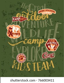 The great outdoor wildlife kids camp, cute vector print for children wear with embroidery patches