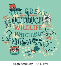 The great outdoor wildlife watching, cute vector print for children wear